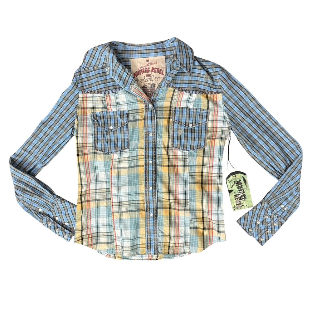 Vintage Rebel Western Blue Yellow Plaid Pearl Snap Collared Shirt size S NEW Tag - Picture 10 of 11